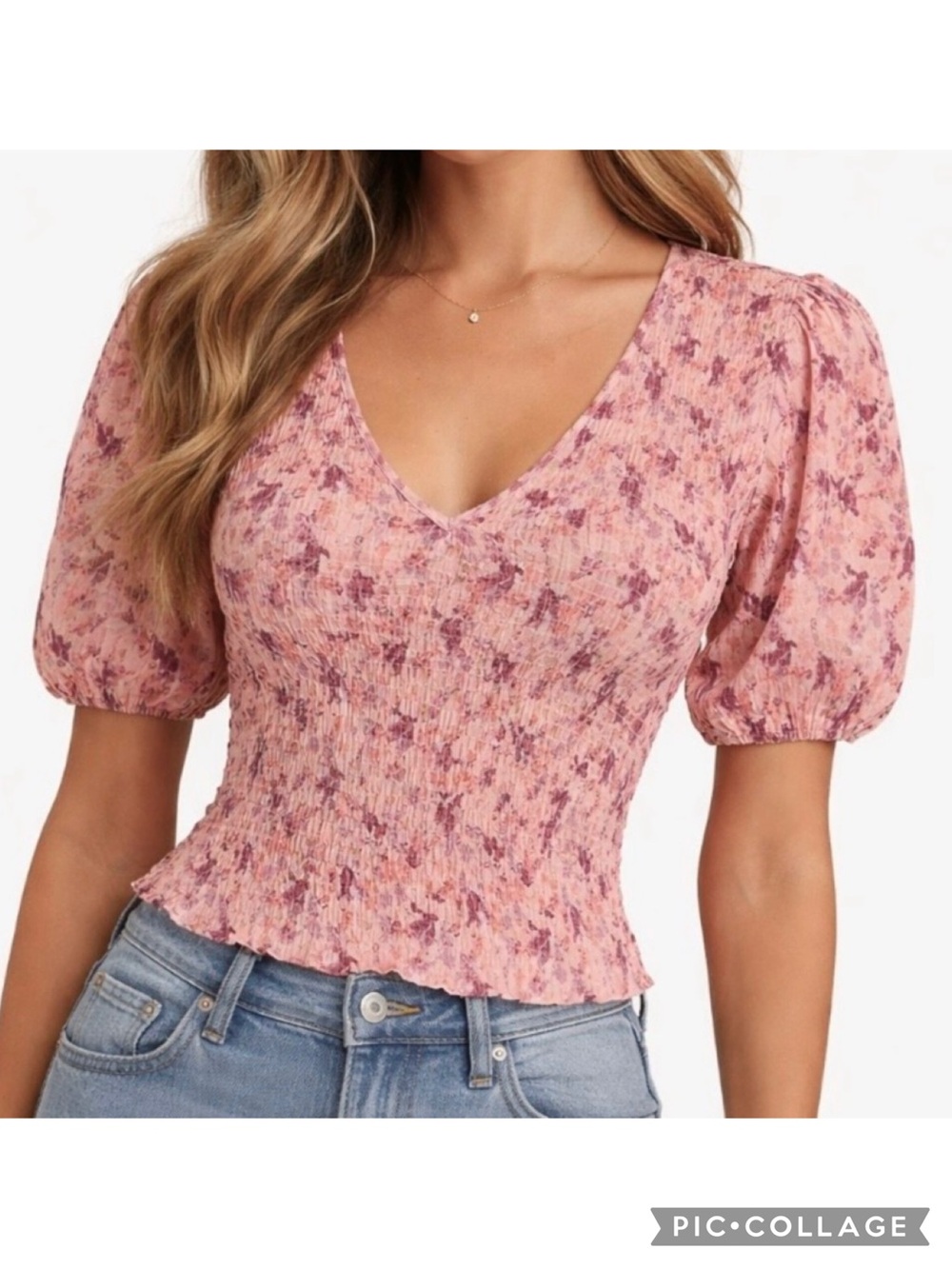 Nine West Top Smocked Floral Puff Sleeve Peach Pink V-Neck S Feminine Boho